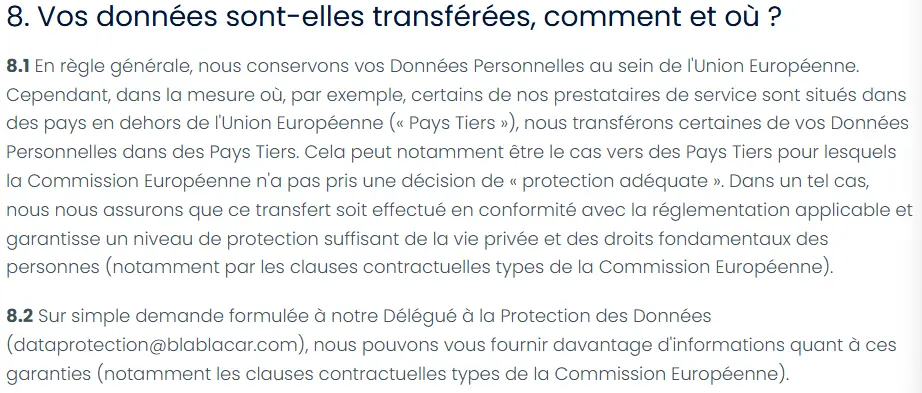 Extrait de la politique de confidentialité BlaBlaCar sur les transferts