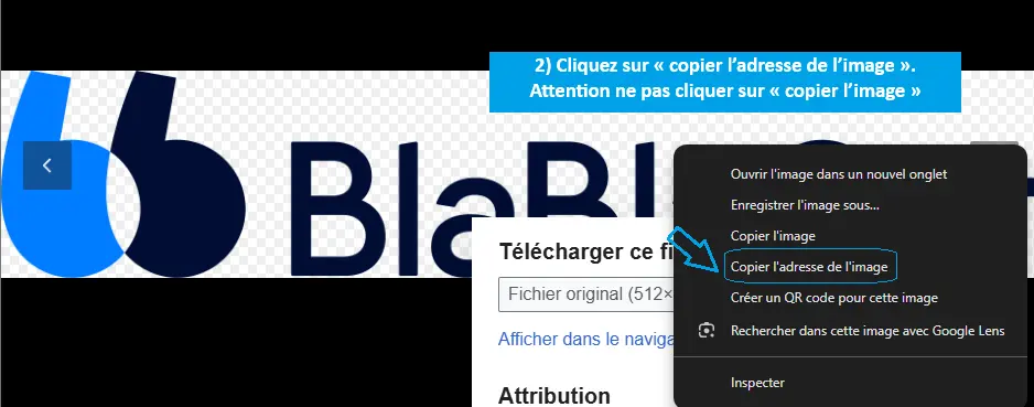 Menu contextuel du navigateur, option Copier l'adresse de l'image