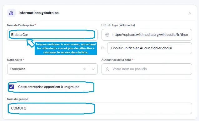 Section Informations générales de la fiche, remplie pour BlaBlaCar