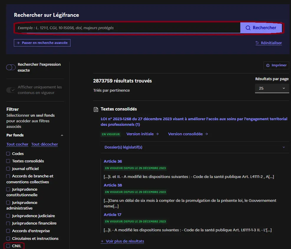 Recherche filtrée sur Légifrance