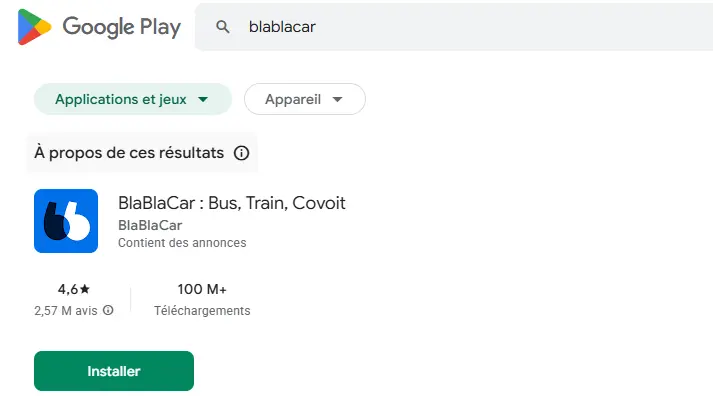 Fiche BlaBlaCar sur le Google Play Store