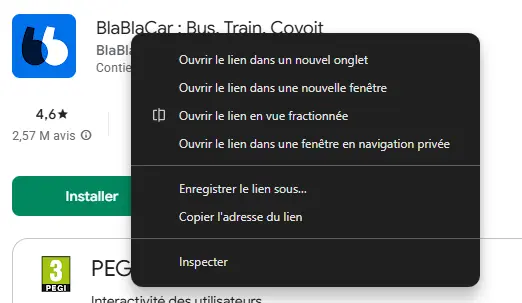 Menu contextuel : Copier l'adresse du lien