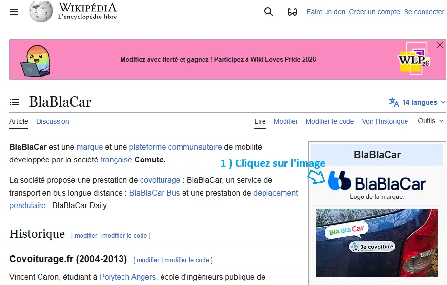 Page Wikipédia de BlaBlaCar mentionnant la société Comuto